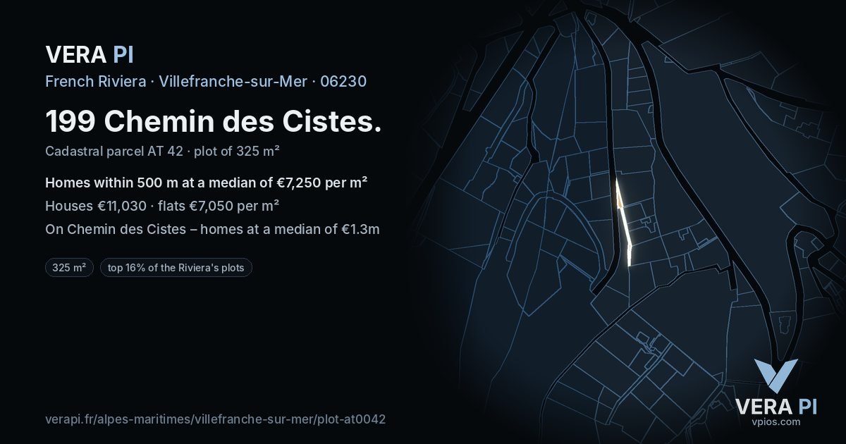 199 Chemin des Cistes, Villefranche-sur-Mer at night – the plot lit, the parcels around coloured by the prices near them
