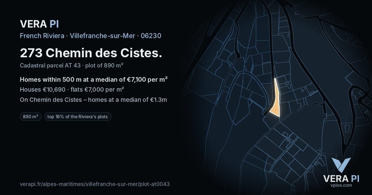 273 Chemin des Cistes, Villefranche-sur-Mer at night – the plot lit, the parcels around coloured by the prices near them