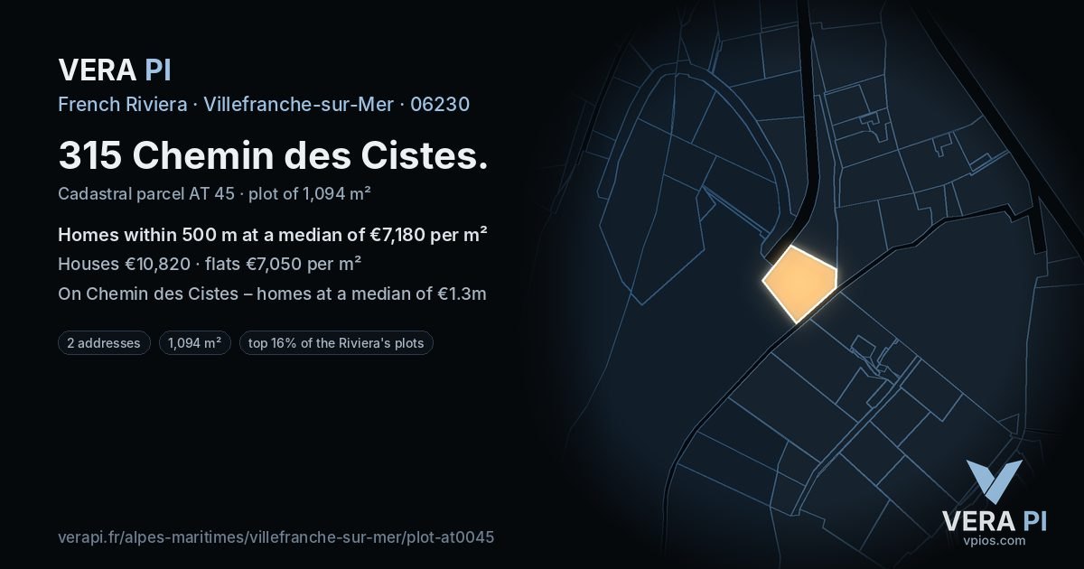 315 Chemin des Cistes, Villefranche-sur-Mer at night – the plot lit, the parcels around coloured by the prices near them