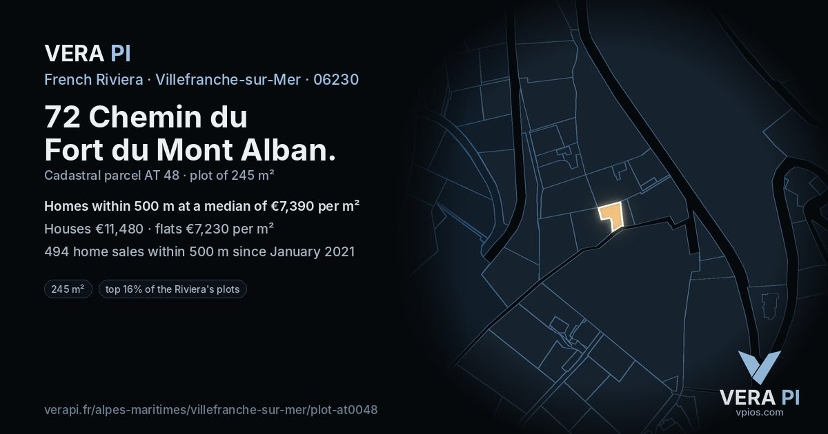72 Chemin du Fort du Mont Alban, Villefranche-sur-Mer at night – the plot lit, the parcels around coloured by the prices near them