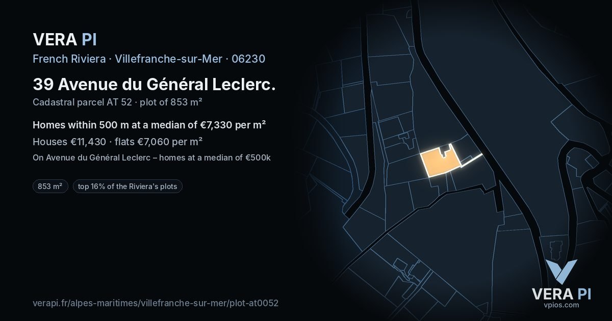 39 Avenue du Général Leclerc, Villefranche-sur-Mer at night – the plot lit, the parcels around coloured by the prices near them