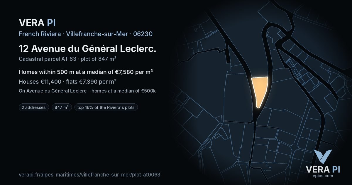 12 Avenue du Général Leclerc, Villefranche-sur-Mer at night – the plot lit, the parcels around coloured by the prices near them