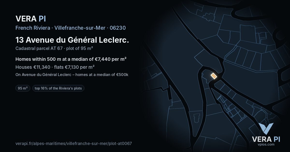 13 Avenue du Général Leclerc, Villefranche-sur-Mer at night – the plot lit, the parcels around coloured by the prices near them