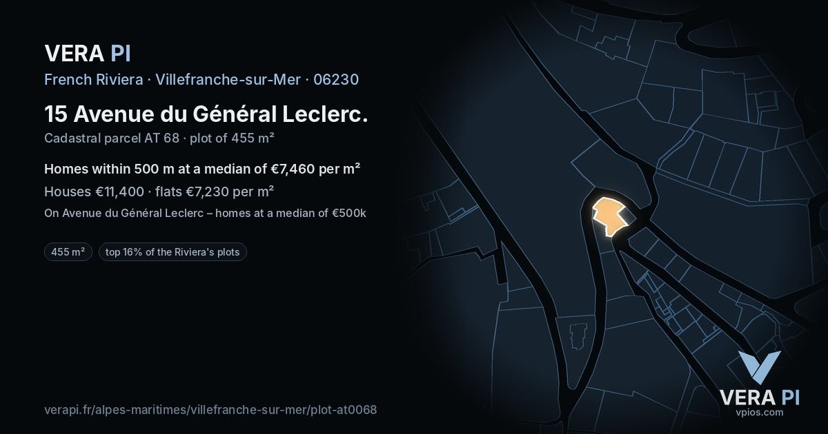 15 Avenue du Général Leclerc, Villefranche-sur-Mer at night – the plot lit, the parcels around coloured by the prices near them