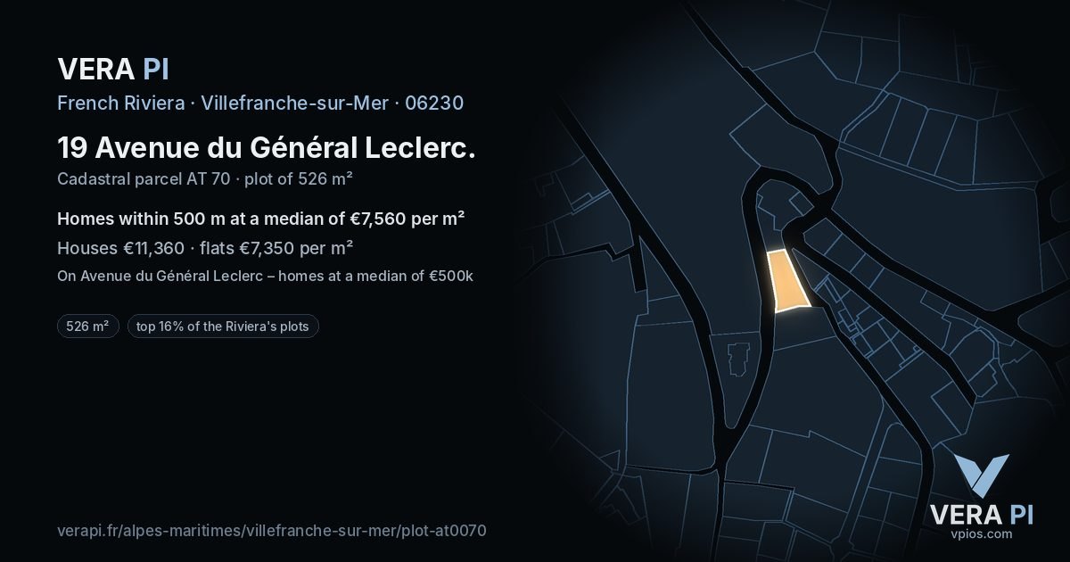 19 Avenue du Général Leclerc, Villefranche-sur-Mer at night – the plot lit, the parcels around coloured by the prices near them