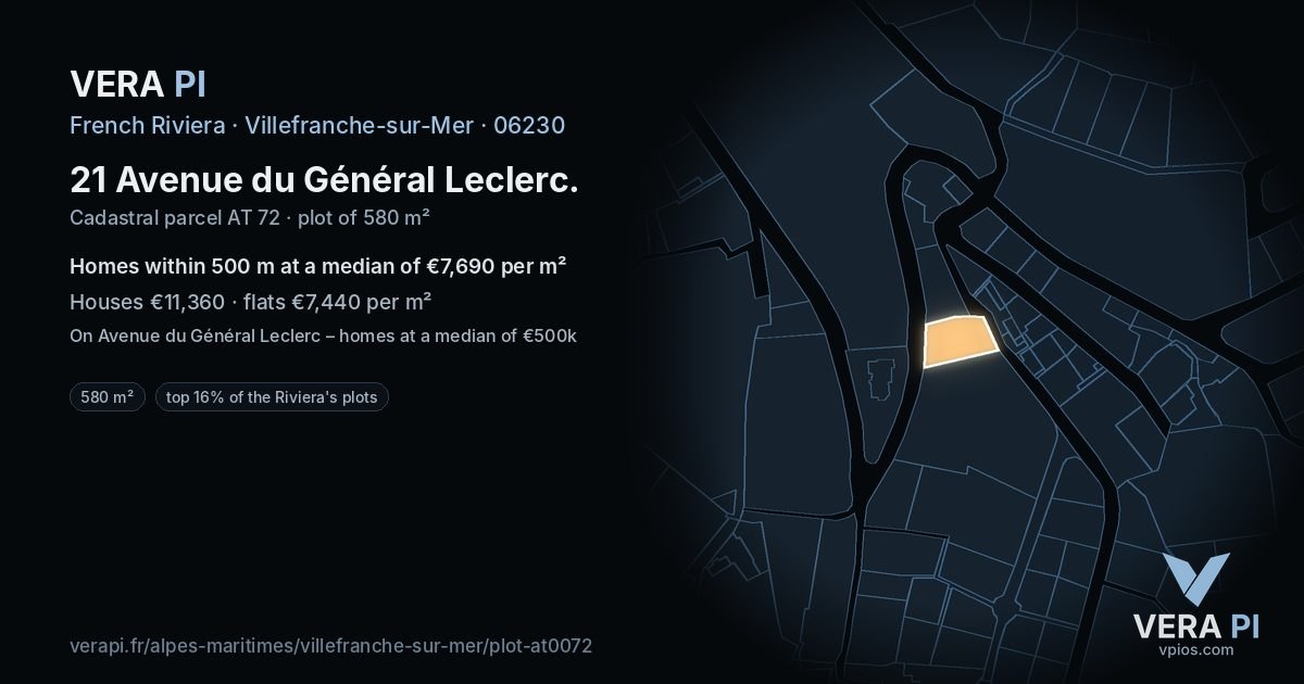 21 Avenue du Général Leclerc, Villefranche-sur-Mer at night – the plot lit, the parcels around coloured by the prices near them