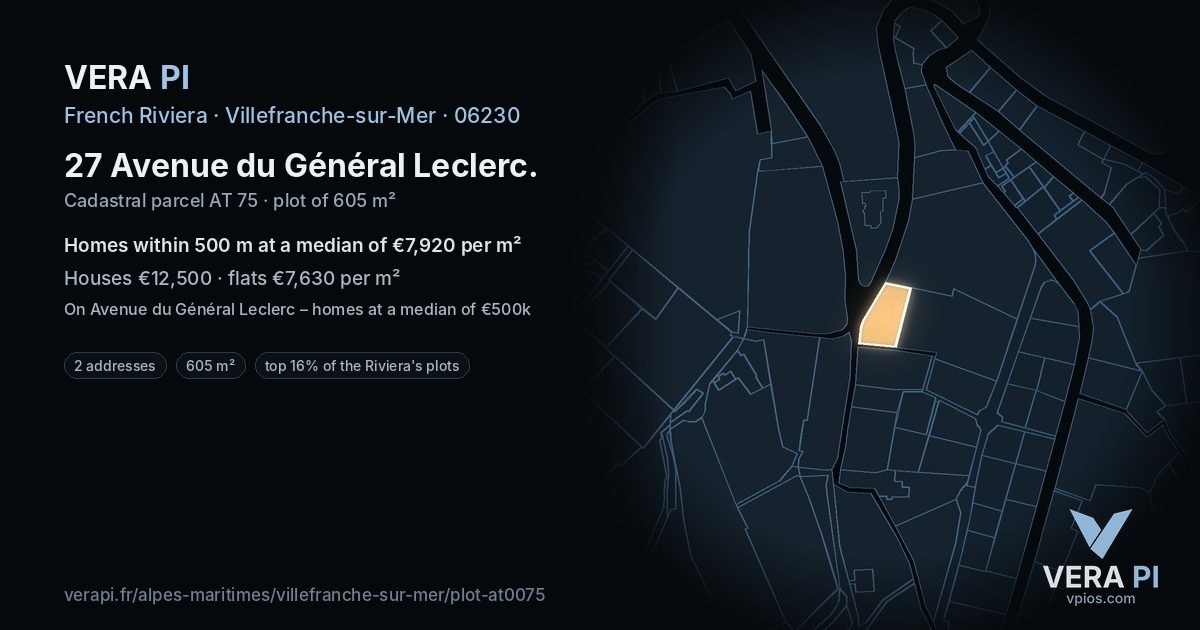 27 Avenue du Général Leclerc, Villefranche-sur-Mer at night – the plot lit, the parcels around coloured by the prices near them