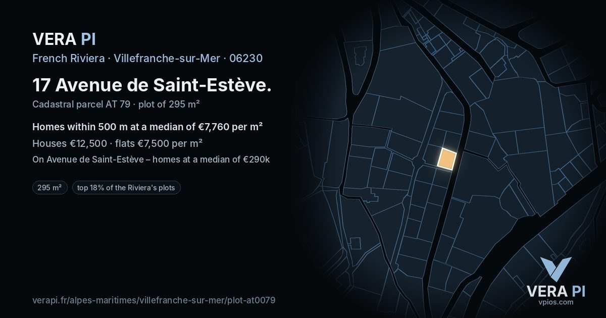 17 Avenue de Saint-Estève, Villefranche-sur-Mer at night – the plot lit, the parcels around coloured by the prices near them