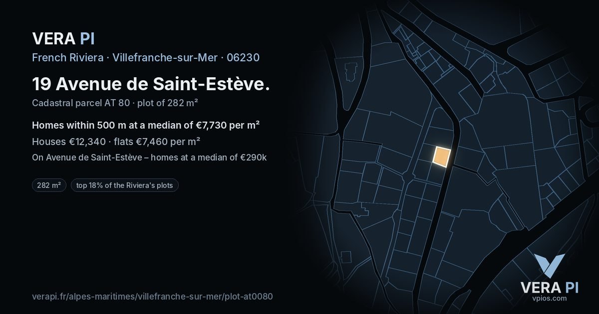 19 Avenue de Saint-Estève, Villefranche-sur-Mer at night – the plot lit, the parcels around coloured by the prices near them