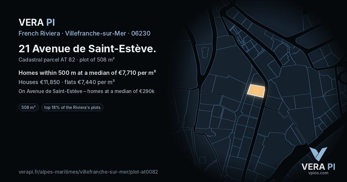 21 Avenue de Saint-Estève, Villefranche-sur-Mer at night – the plot lit, the parcels around coloured by the prices near them