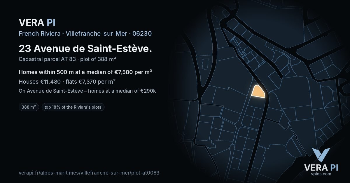 23 Avenue de Saint-Estève, Villefranche-sur-Mer at night – the plot lit, the parcels around coloured by the prices near them