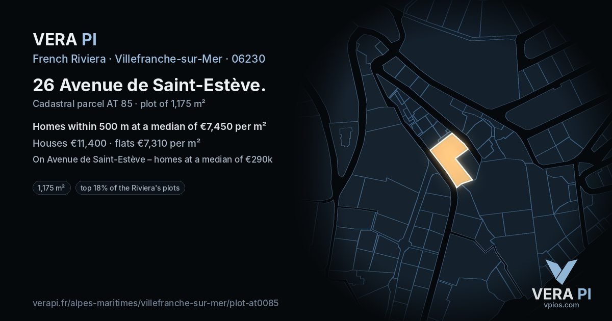 26 Avenue de Saint-Estève, Villefranche-sur-Mer at night – the plot lit, the parcels around coloured by the prices near them