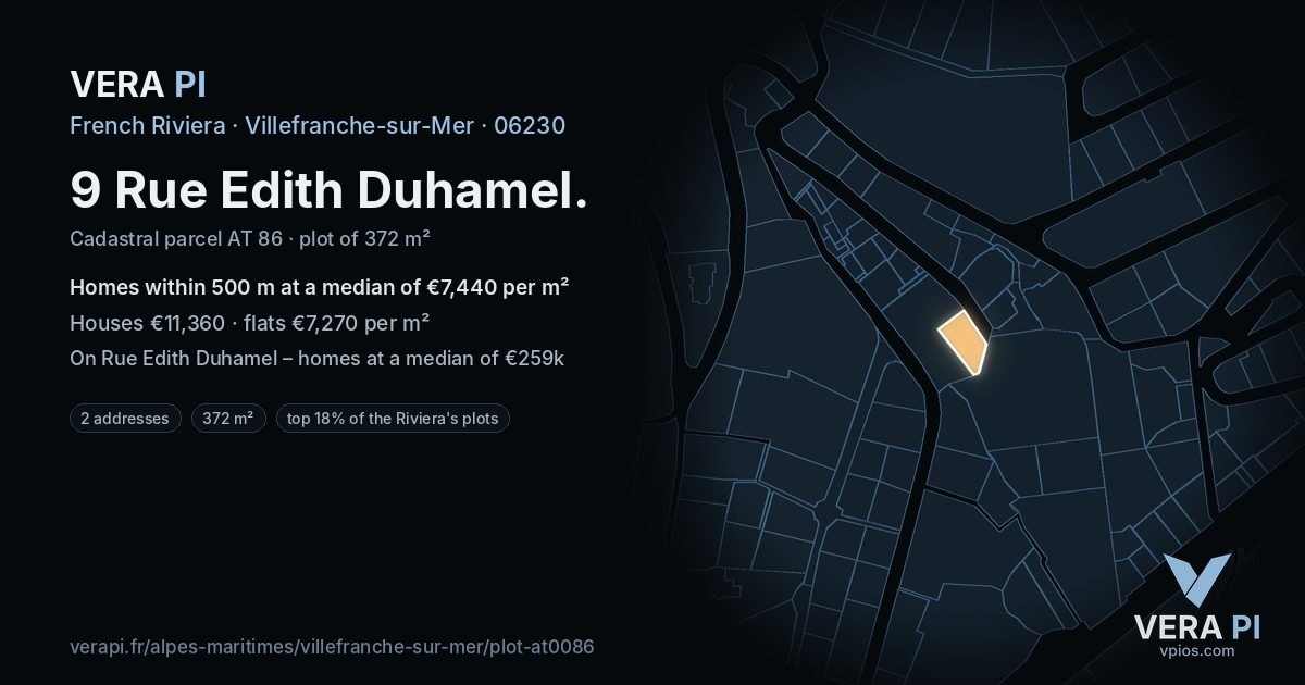 9 Rue Edith Duhamel, Villefranche-sur-Mer at night – the plot lit, the parcels around coloured by the prices near them