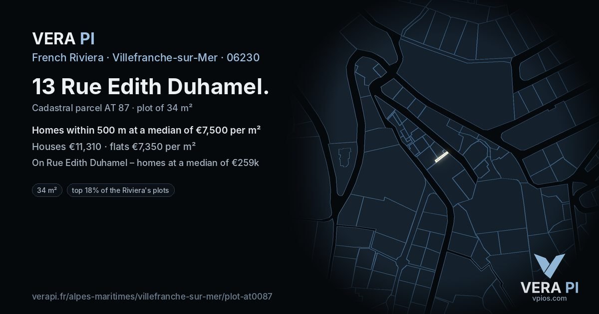 13 Rue Edith Duhamel, Villefranche-sur-Mer at night – the plot lit, the parcels around coloured by the prices near them