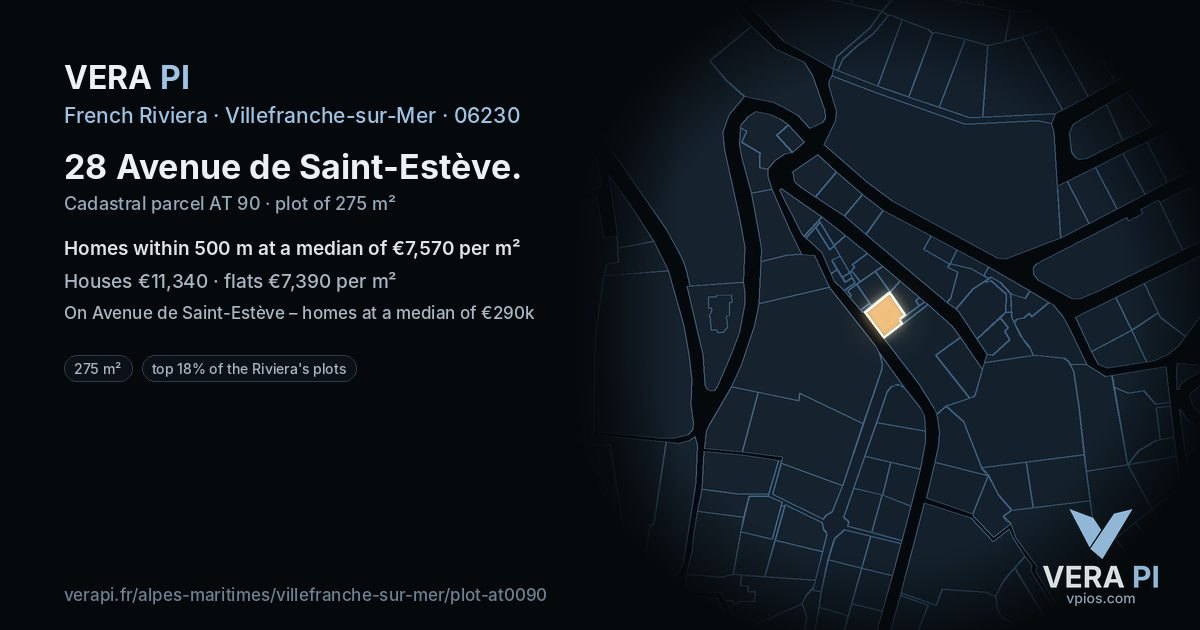 28 Avenue de Saint-Estève, Villefranche-sur-Mer at night – the plot lit, the parcels around coloured by the prices near them