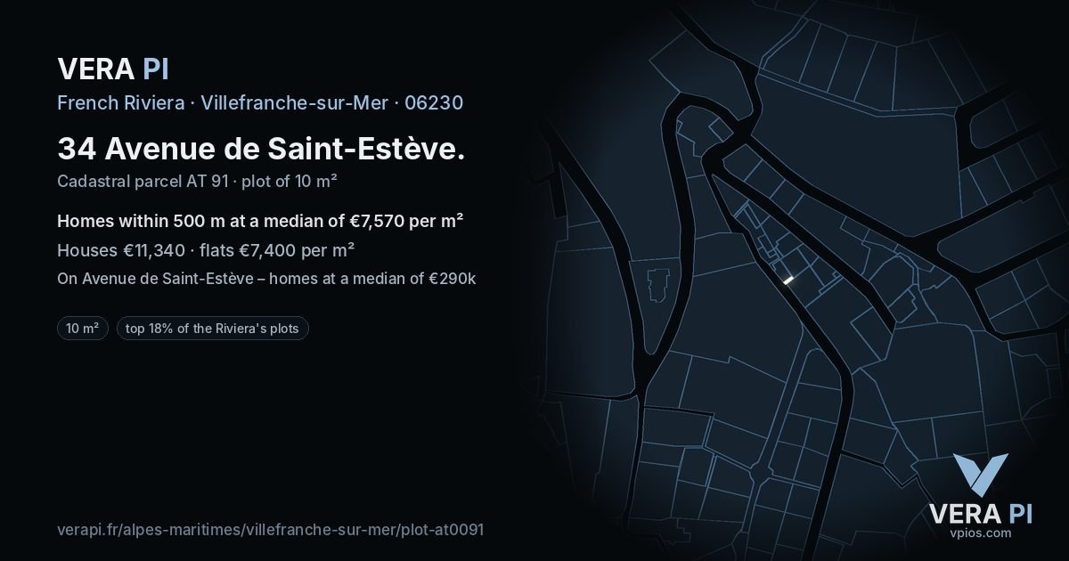34 Avenue de Saint-Estève, Villefranche-sur-Mer at night – the plot lit, the parcels around coloured by the prices near them