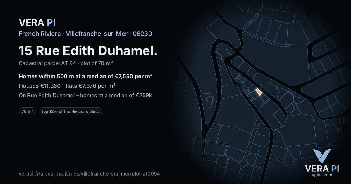 15 Rue Edith Duhamel, Villefranche-sur-Mer at night – the plot lit, the parcels around coloured by the prices near them