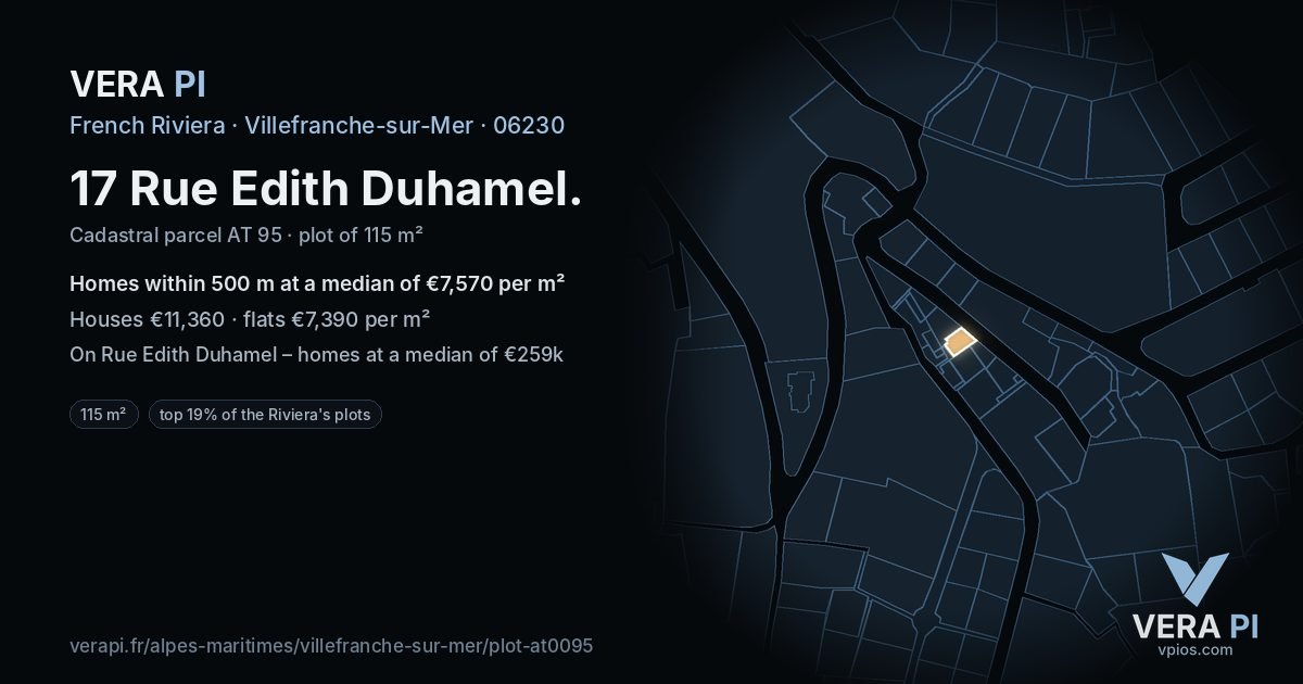 17 Rue Edith Duhamel, Villefranche-sur-Mer at night – the plot lit, the parcels around coloured by the prices near them