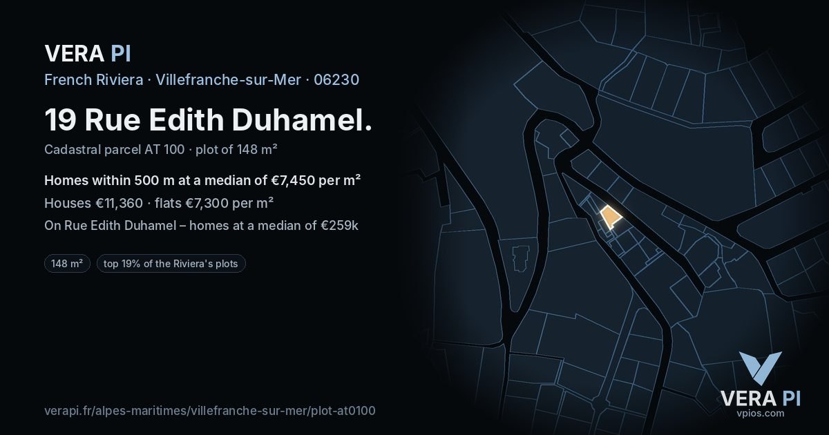19 Rue Edith Duhamel, Villefranche-sur-Mer at night – the plot lit, the parcels around coloured by the prices near them