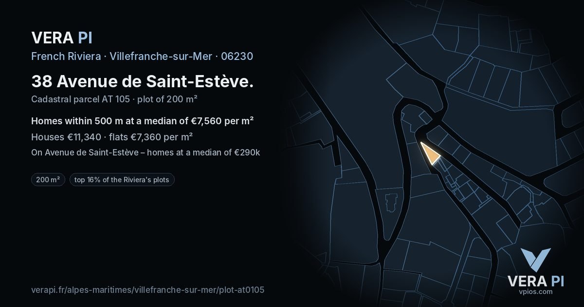 38 Avenue de Saint-Estève, Villefranche-sur-Mer at night – the plot lit, the parcels around coloured by the prices near them