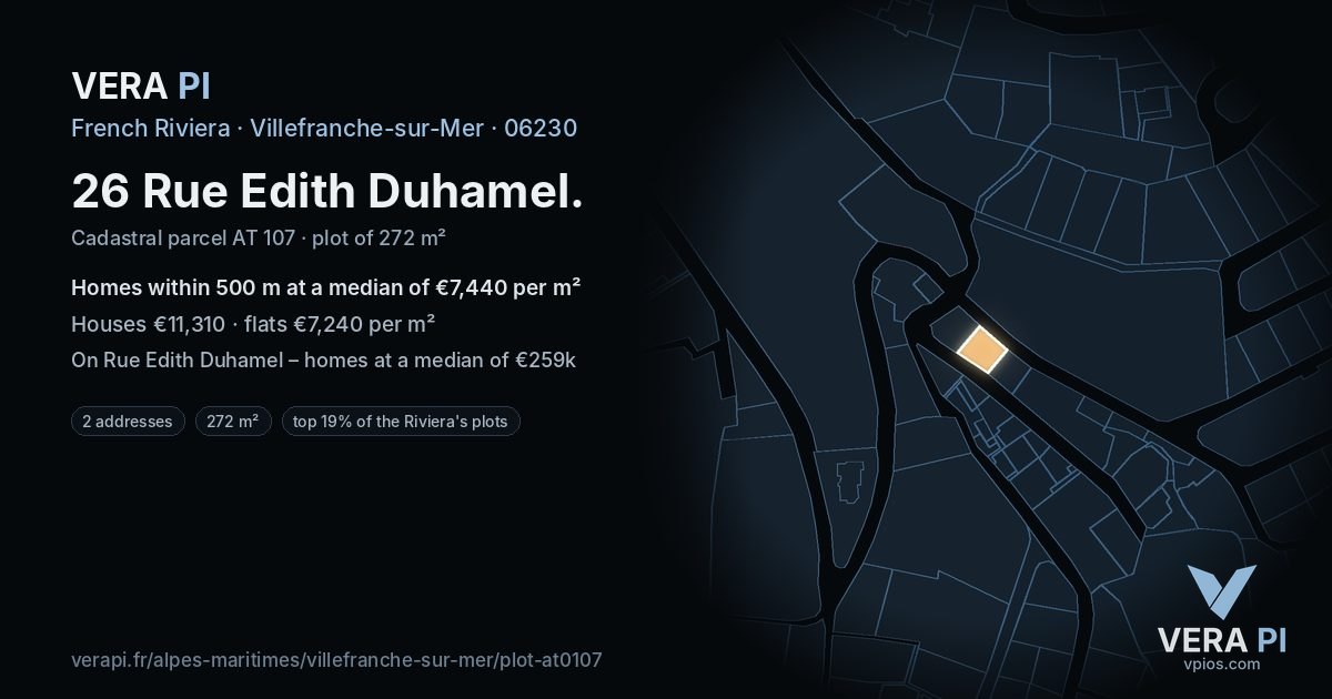 26 Rue Edith Duhamel, Villefranche-sur-Mer at night – the plot lit, the parcels around coloured by the prices near them