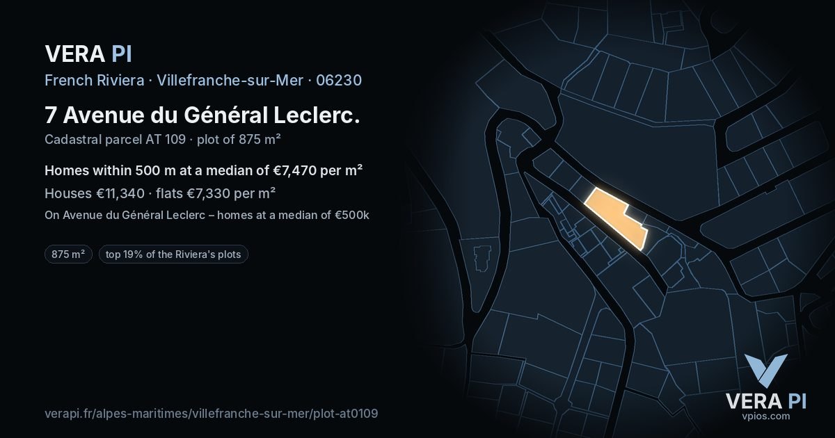 7 Avenue du Général Leclerc, Villefranche-sur-Mer at night – the plot lit, the parcels around coloured by the prices near them