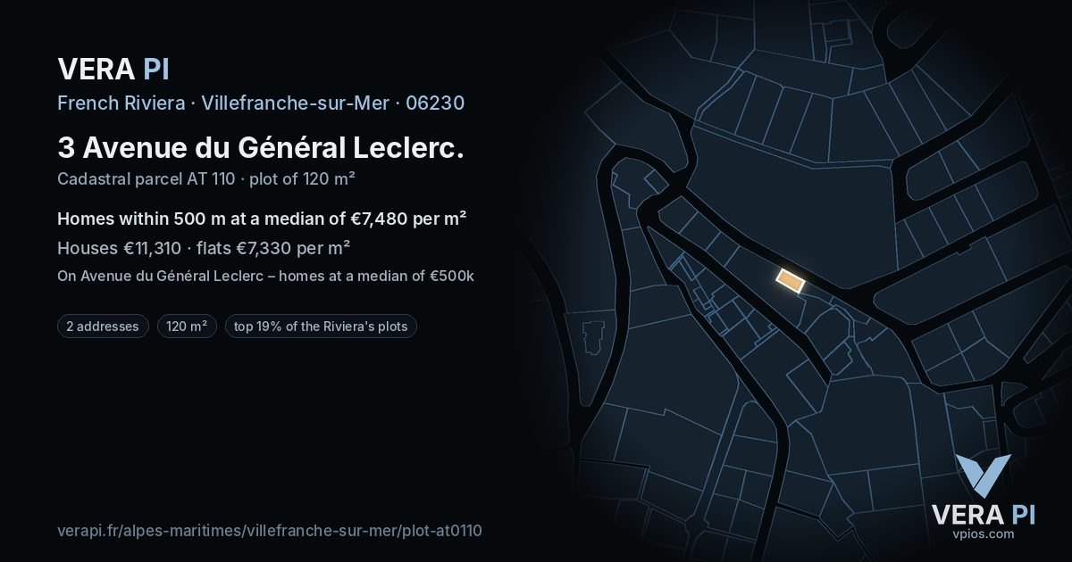 3 Avenue du Général Leclerc, Villefranche-sur-Mer at night – the plot lit, the parcels around coloured by the prices near them