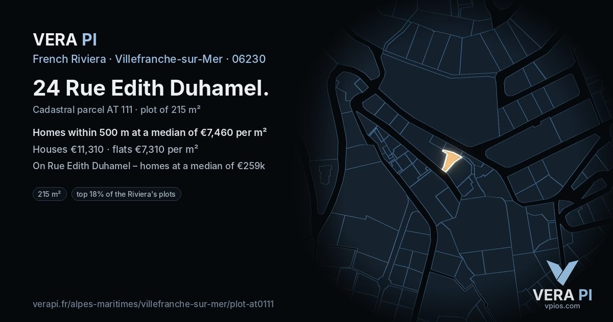 24 Rue Edith Duhamel, Villefranche-sur-Mer at night – the plot lit, the parcels around coloured by the prices near them