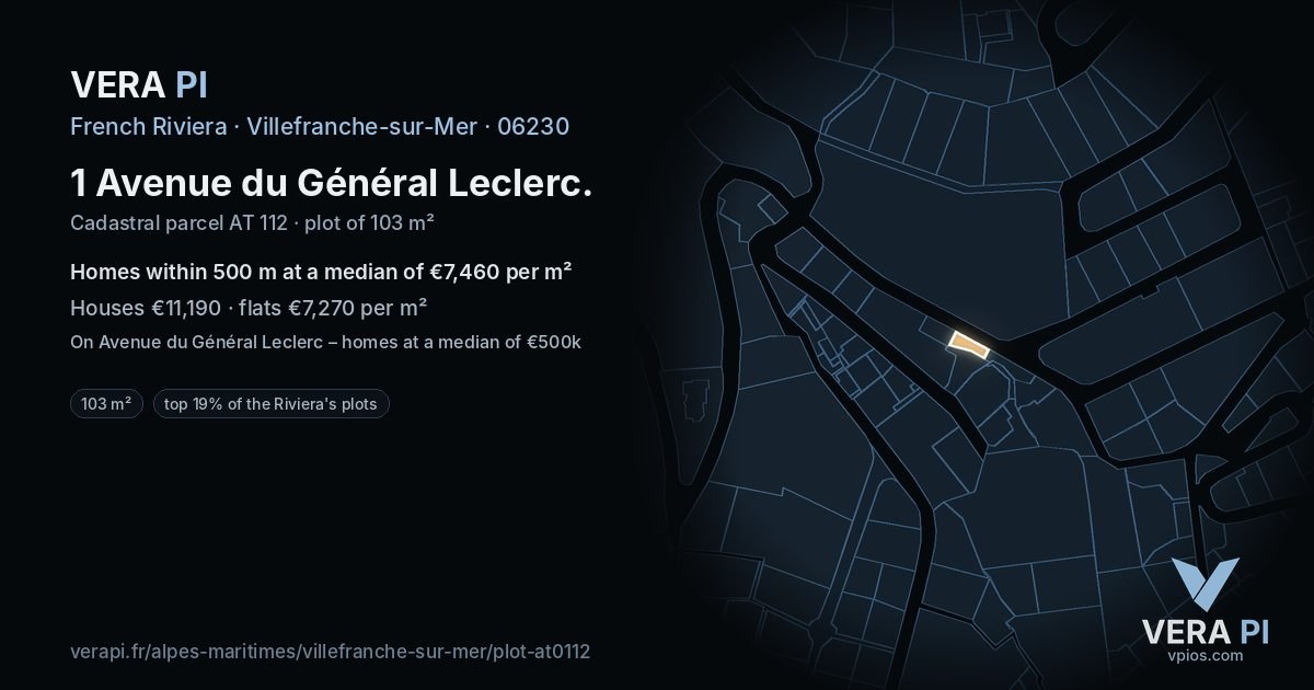 1 Avenue du Général Leclerc, Villefranche-sur-Mer at night – the plot lit, the parcels around coloured by the prices near them