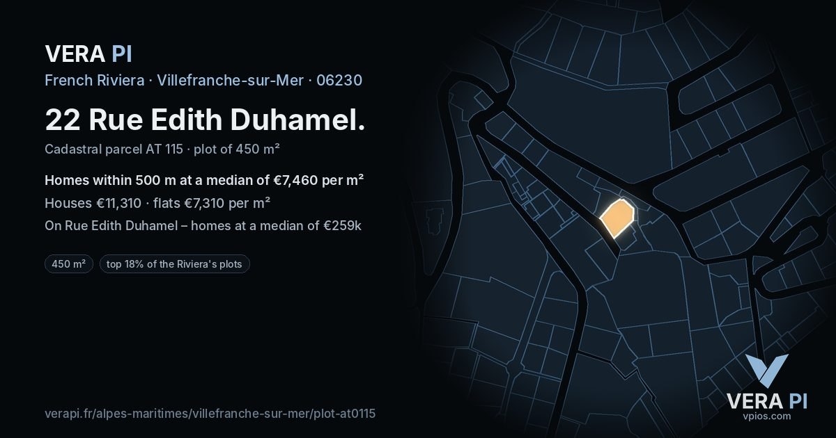 22 Rue Edith Duhamel, Villefranche-sur-Mer at night – the plot lit, the parcels around coloured by the prices near them