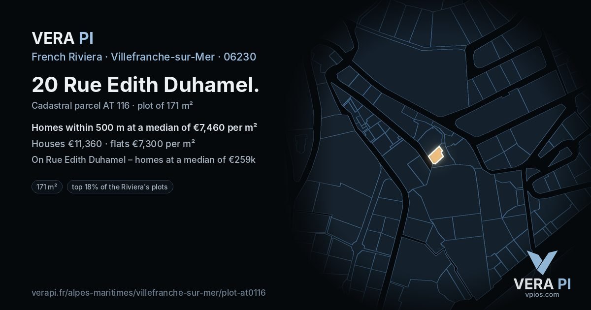 20 Rue Edith Duhamel, Villefranche-sur-Mer at night – the plot lit, the parcels around coloured by the prices near them