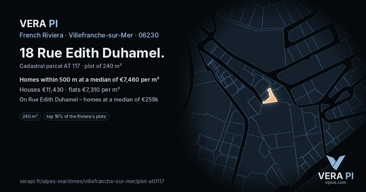 18 Rue Edith Duhamel, Villefranche-sur-Mer at night – the plot lit, the parcels around coloured by the prices near them