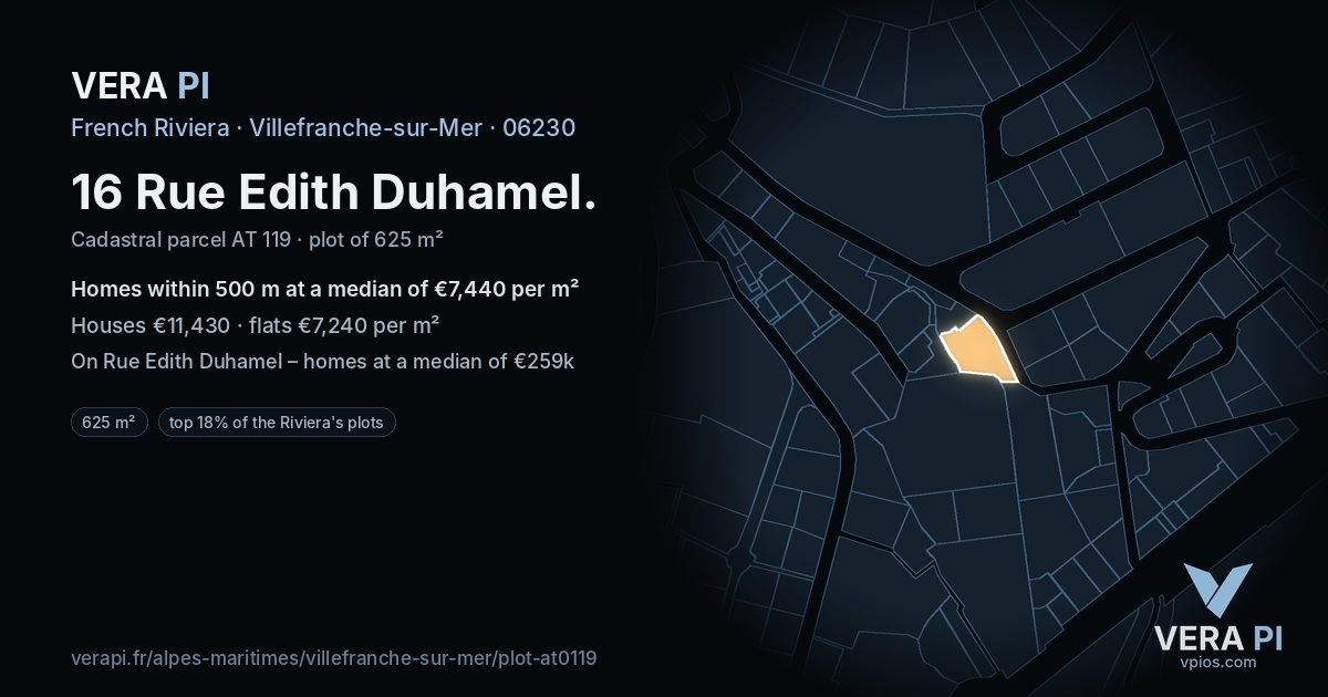 16 Rue Edith Duhamel, Villefranche-sur-Mer at night – the plot lit, the parcels around coloured by the prices near them