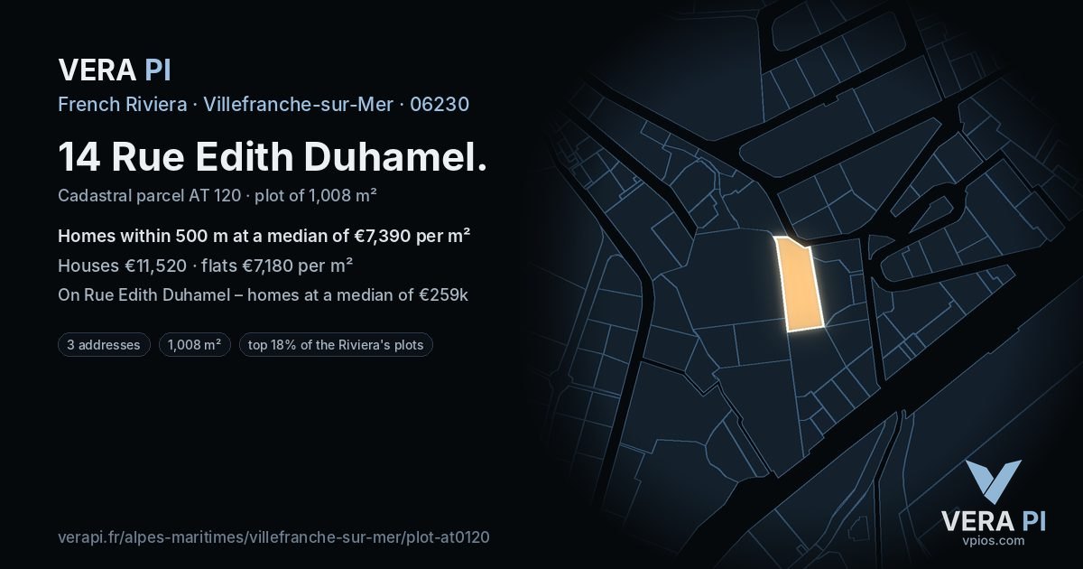 14 Rue Edith Duhamel, Villefranche-sur-Mer at night – the plot lit, the parcels around coloured by the prices near them