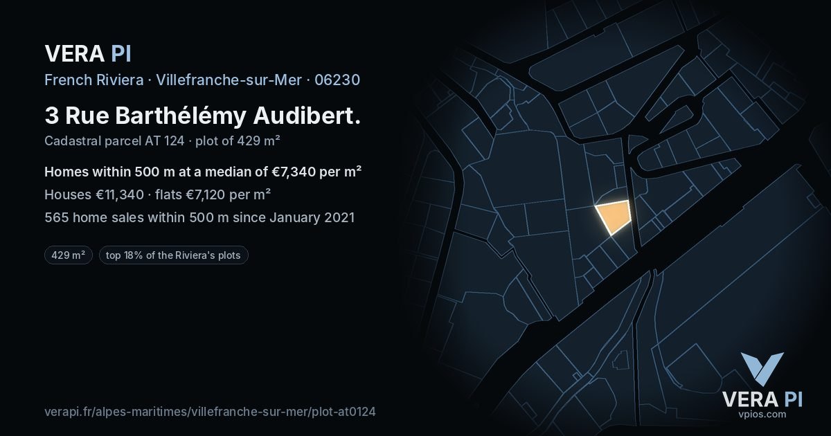 3 Rue Barthélémy Audibert, Villefranche-sur-Mer at night – the plot lit, the parcels around coloured by the prices near them