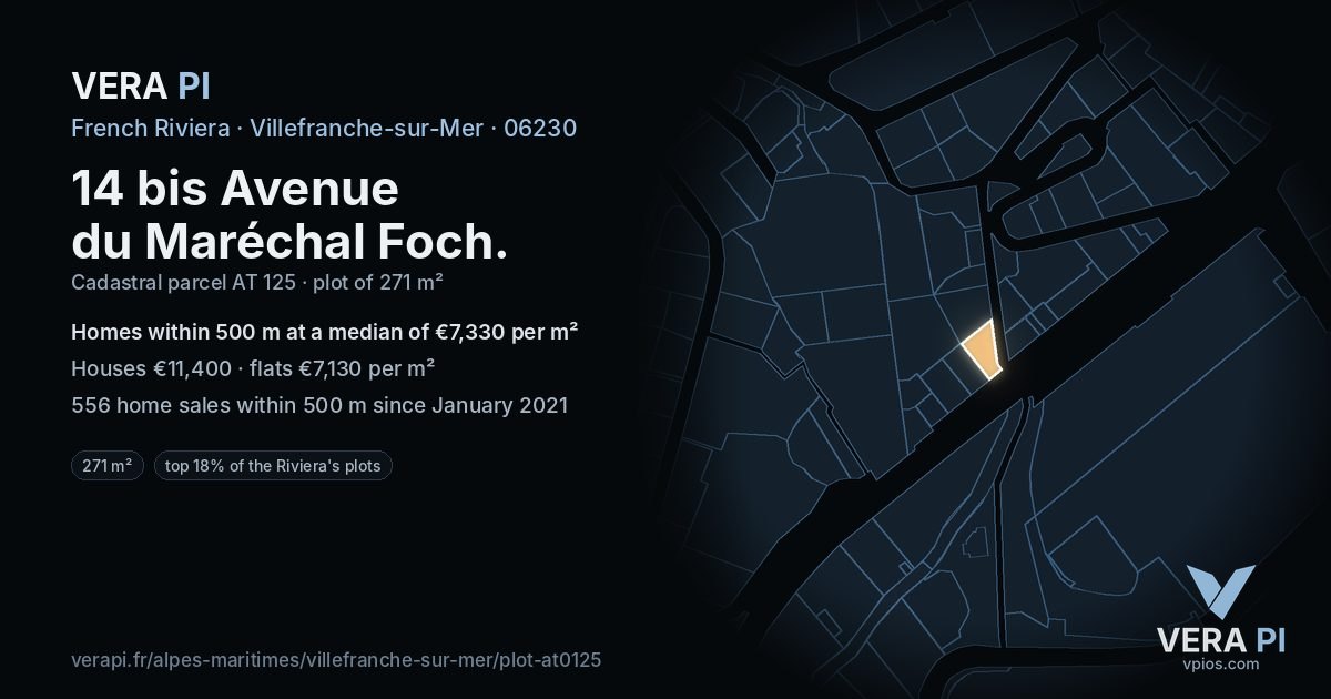 14 bis Avenue du Maréchal Foch, Villefranche-sur-Mer at night – the plot lit, the parcels around coloured by the prices near them