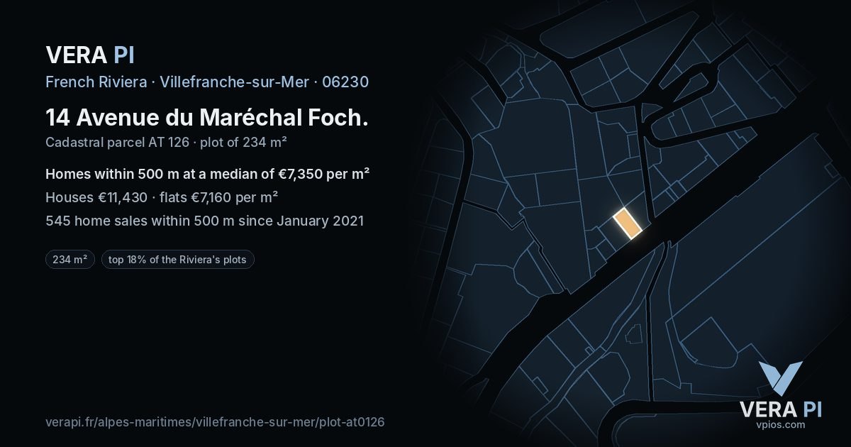 14 Avenue du Maréchal Foch, Villefranche-sur-Mer at night – the plot lit, the parcels around coloured by the prices near them