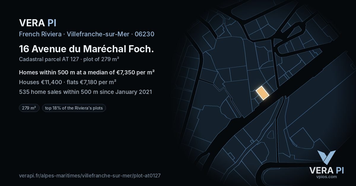 16 Avenue du Maréchal Foch, Villefranche-sur-Mer at night – the plot lit, the parcels around coloured by the prices near them