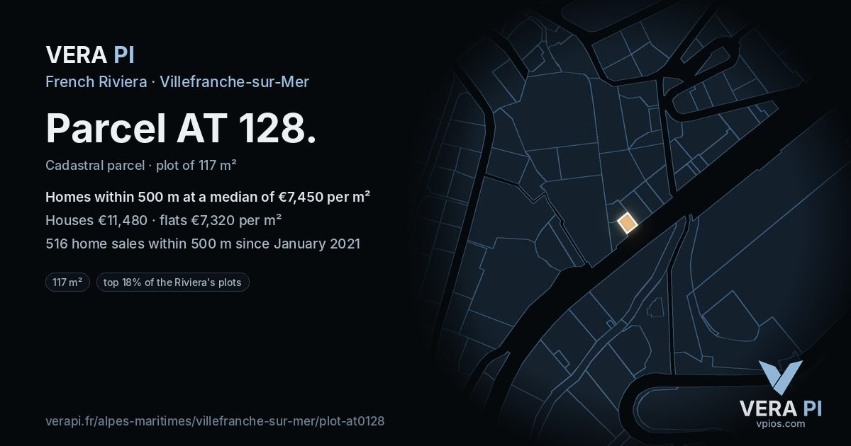 Parcel AT 128, Villefranche-sur-Mer at night – the plot lit, the parcels around coloured by the prices near them