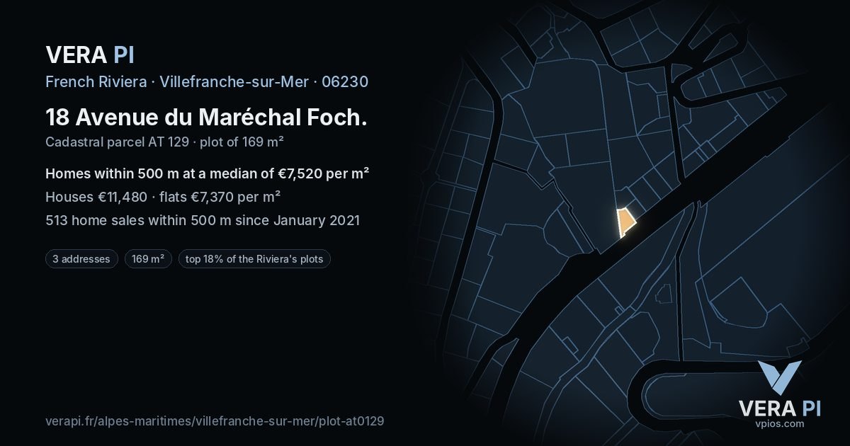 18 Avenue du Maréchal Foch, Villefranche-sur-Mer at night – the plot lit, the parcels around coloured by the prices near them