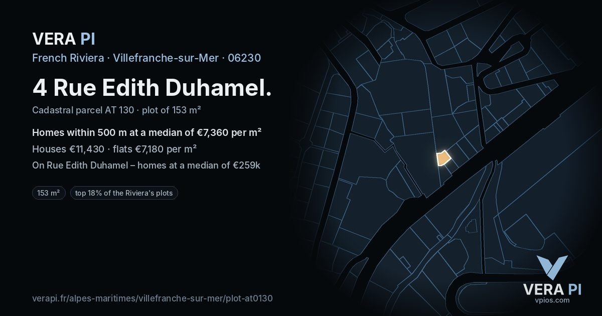 4 Rue Edith Duhamel, Villefranche-sur-Mer at night – the plot lit, the parcels around coloured by the prices near them