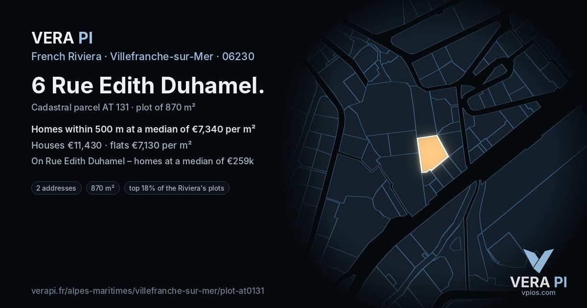 6 Rue Edith Duhamel, Villefranche-sur-Mer at night – the plot lit, the parcels around coloured by the prices near them