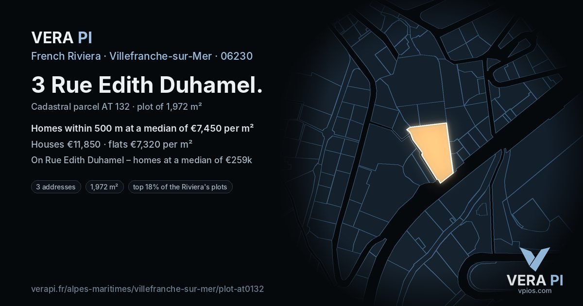 3 Rue Edith Duhamel, Villefranche-sur-Mer at night – the plot lit, the parcels around coloured by the prices near them