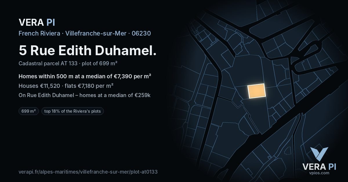 5 Rue Edith Duhamel, Villefranche-sur-Mer at night – the plot lit, the parcels around coloured by the prices near them