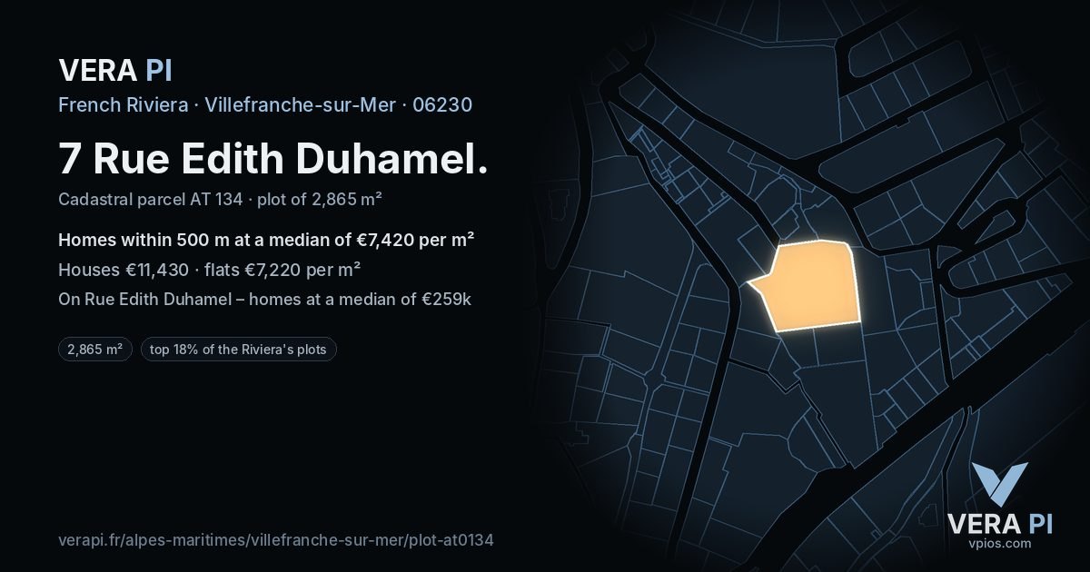 7 Rue Edith Duhamel, Villefranche-sur-Mer at night – the plot lit, the parcels around coloured by the prices near them