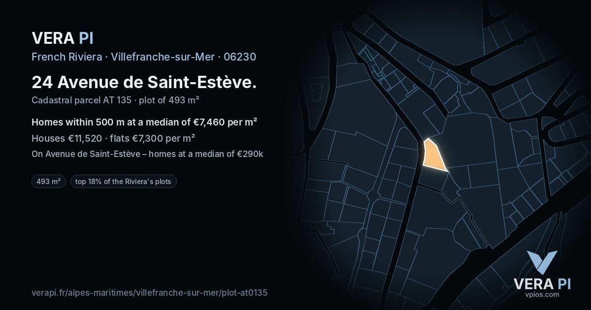 24 Avenue de Saint-Estève, Villefranche-sur-Mer at night – the plot lit, the parcels around coloured by the prices near them