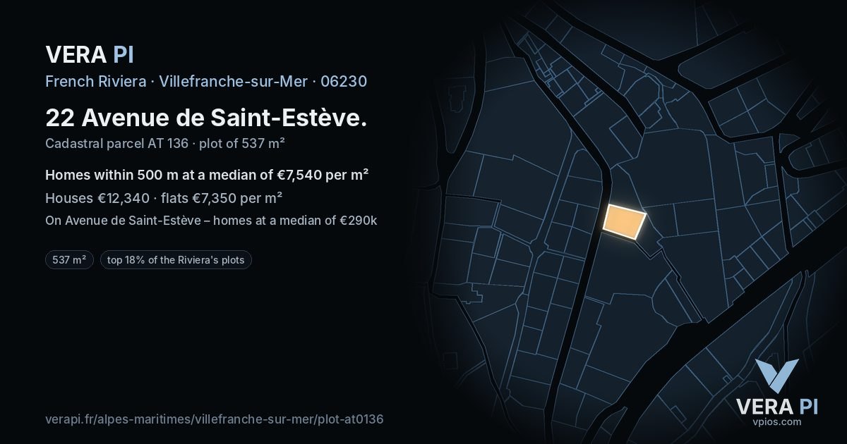 22 Avenue de Saint-Estève, Villefranche-sur-Mer at night – the plot lit, the parcels around coloured by the prices near them