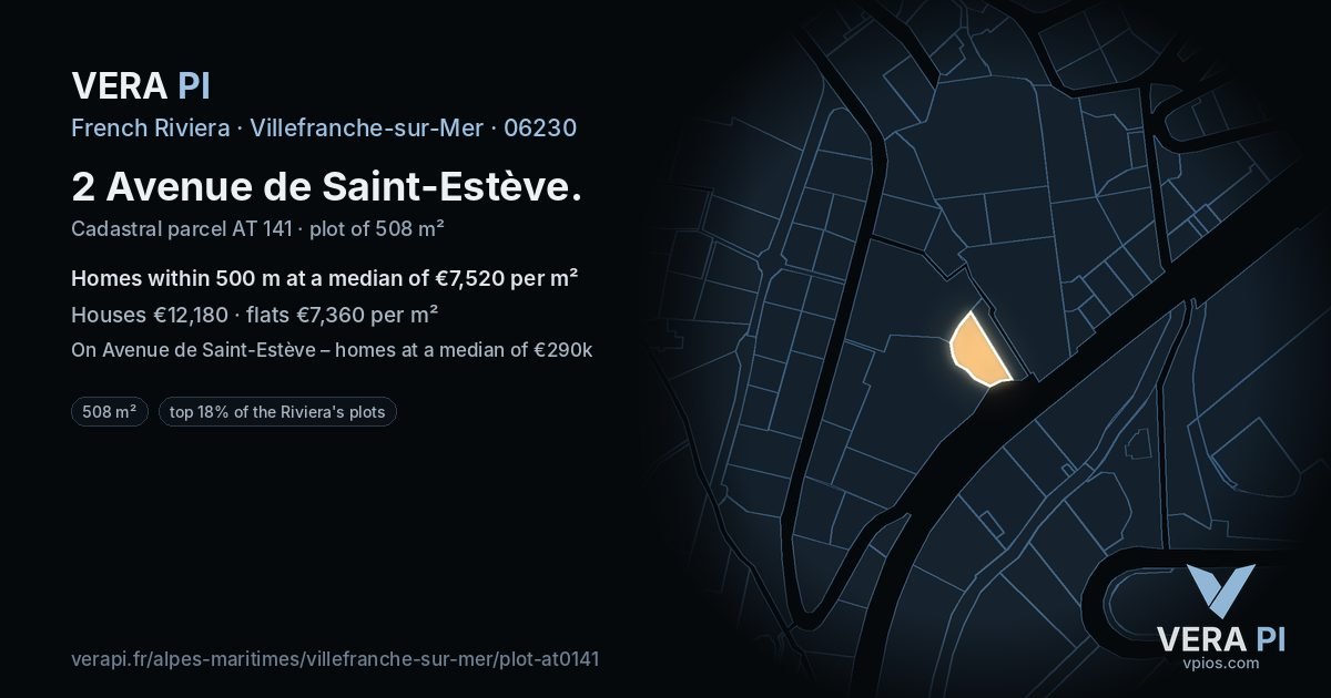 2 Avenue de Saint-Estève, Villefranche-sur-Mer at night – the plot lit, the parcels around coloured by the prices near them