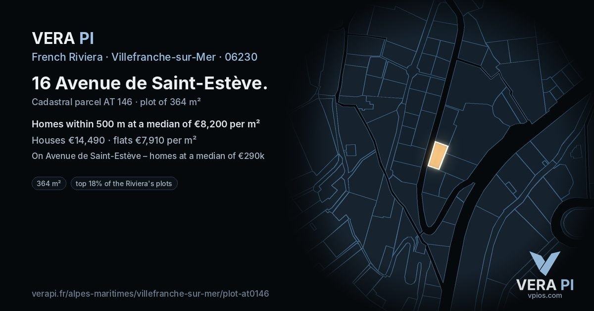 16 Avenue de Saint-Estève, Villefranche-sur-Mer at night – the plot lit, the parcels around coloured by the prices near them