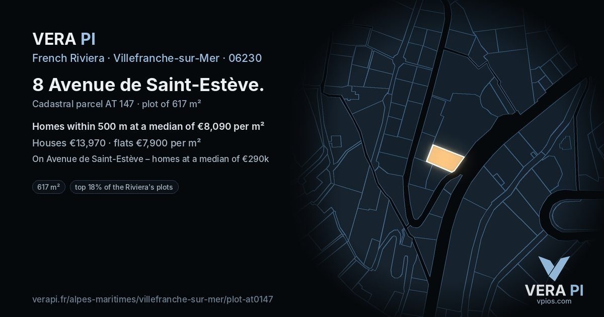 8 Avenue de Saint-Estève, Villefranche-sur-Mer at night – the plot lit, the parcels around coloured by the prices near them